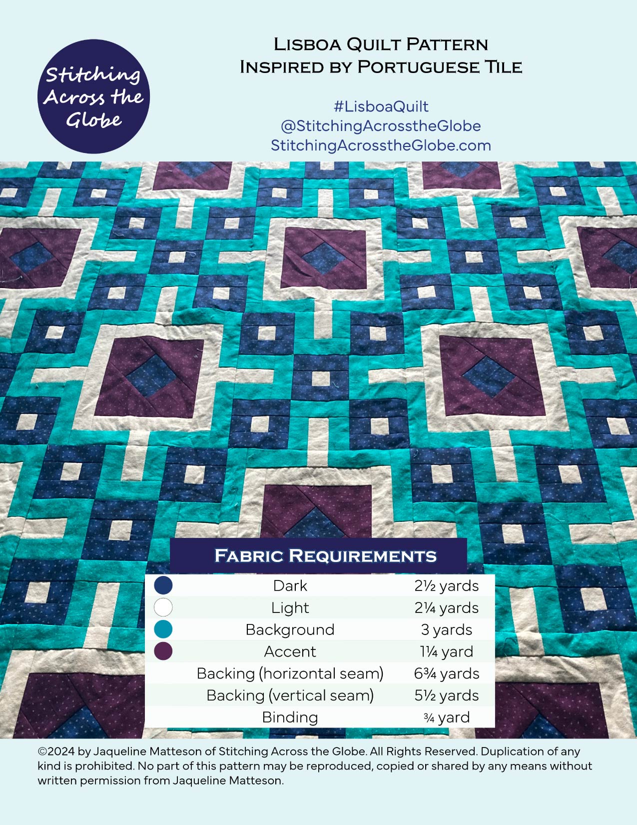 Lisboa Quilt Pattern Back, including fabric requirements.
